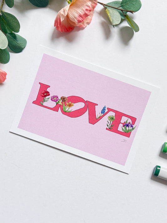 Hand-Illustrated Love with Flowers | Recycled Cardstock Print