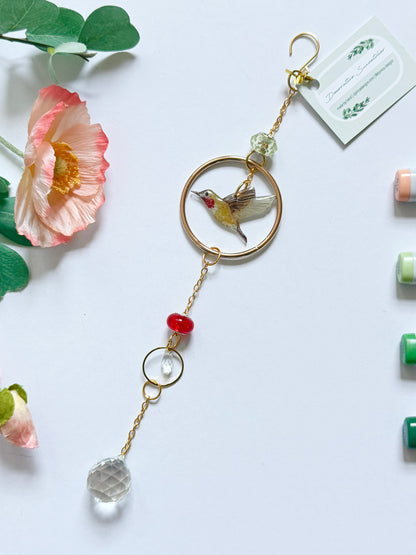 Handmade + Hand-Illustrated Hummingbird Suncatcher with Green and Red Beads