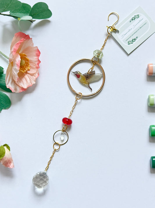 Handmade + Hand-Illustrated Hummingbird Suncatcher with Green and Red Beads