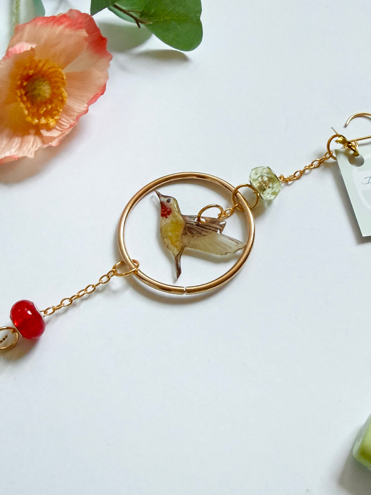 Handmade + Hand-Illustrated Hummingbird Suncatcher with Green and Red Beads