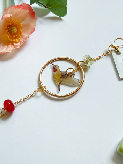 Handmade + Hand-Illustrated Hummingbird Suncatcher with Green and Red Beads