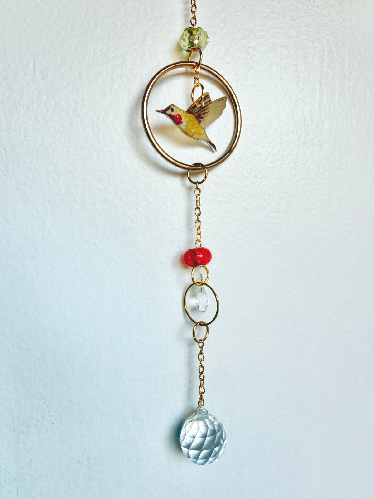 Handmade + Hand-Illustrated Hummingbird Suncatcher with Green and Red Beads
