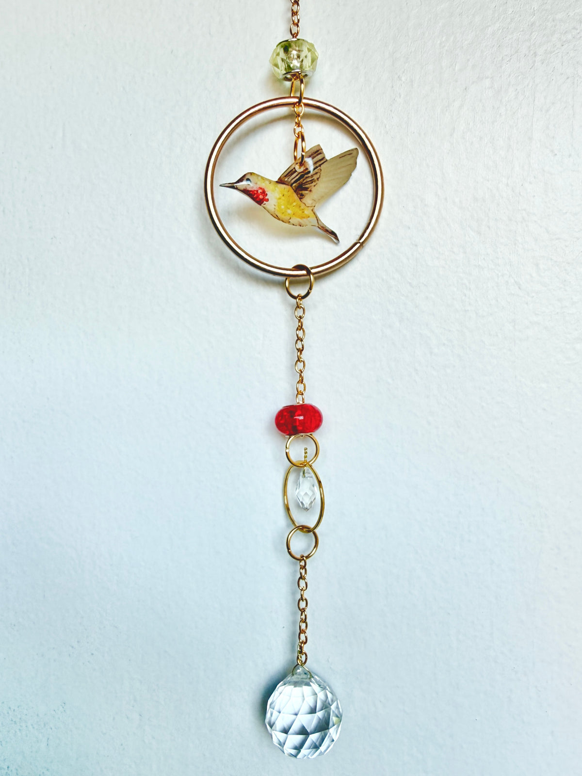 Handmade + Hand-Illustrated Hummingbird Suncatcher with Green and Red Beads
