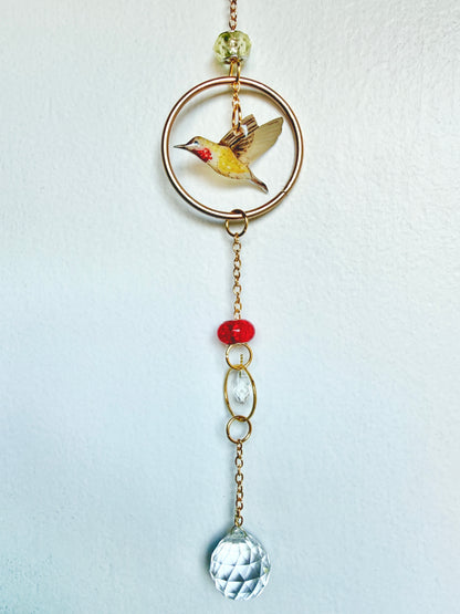 Handmade + Hand-Illustrated Hummingbird Suncatcher with Green and Red Beads
