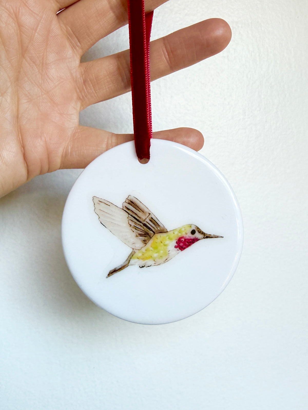 Hummingbird | White Ceramic Ornament with Red Velvet Tassel