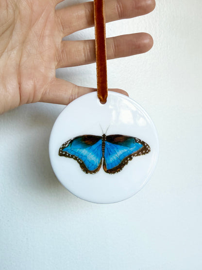 Blue Morpho Butterfly | White Ceramic Ornament with Brown Velvet Tassel
