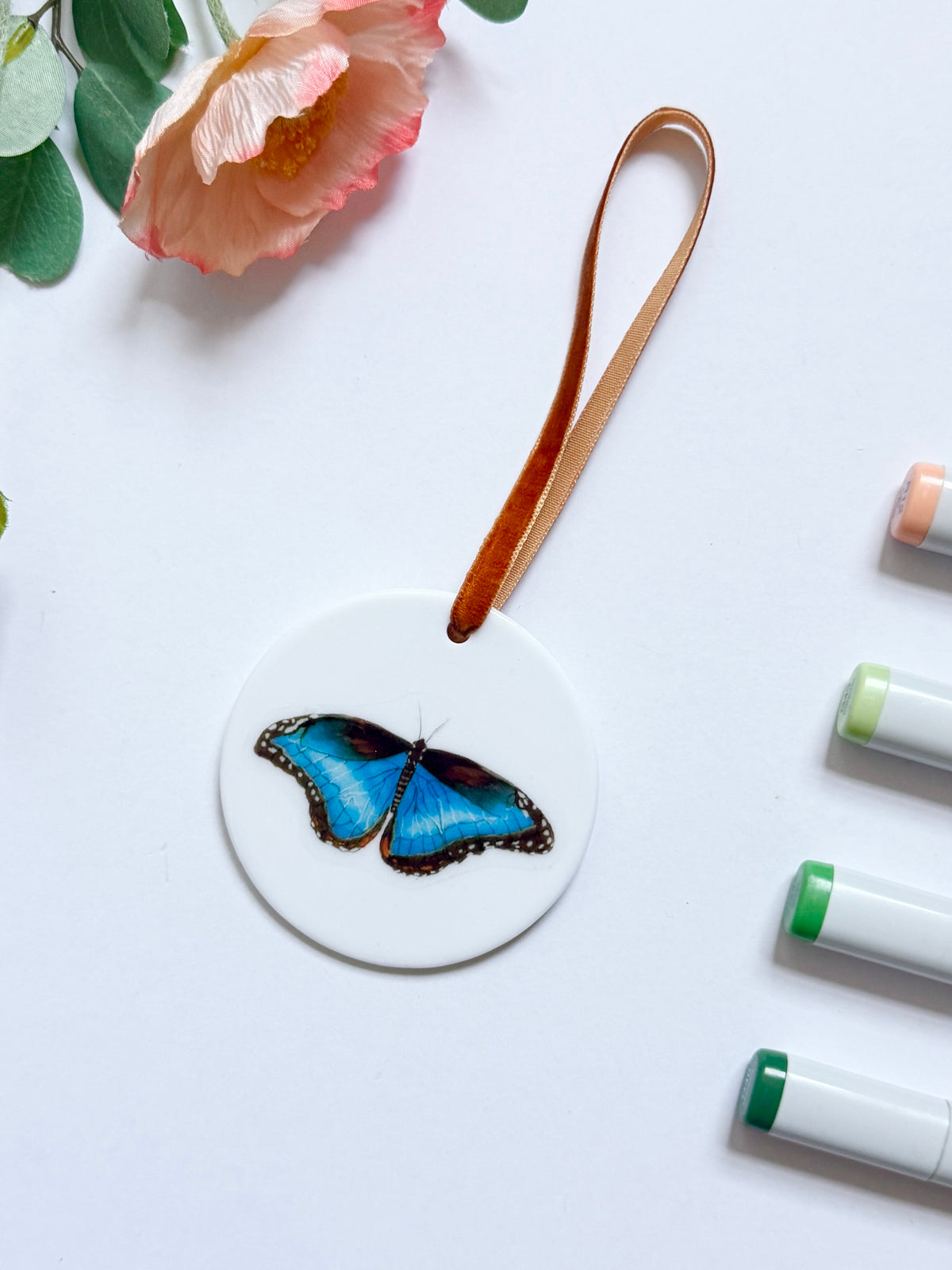 Blue Morpho Butterfly | White Ceramic Ornament with Brown Velvet Tassel