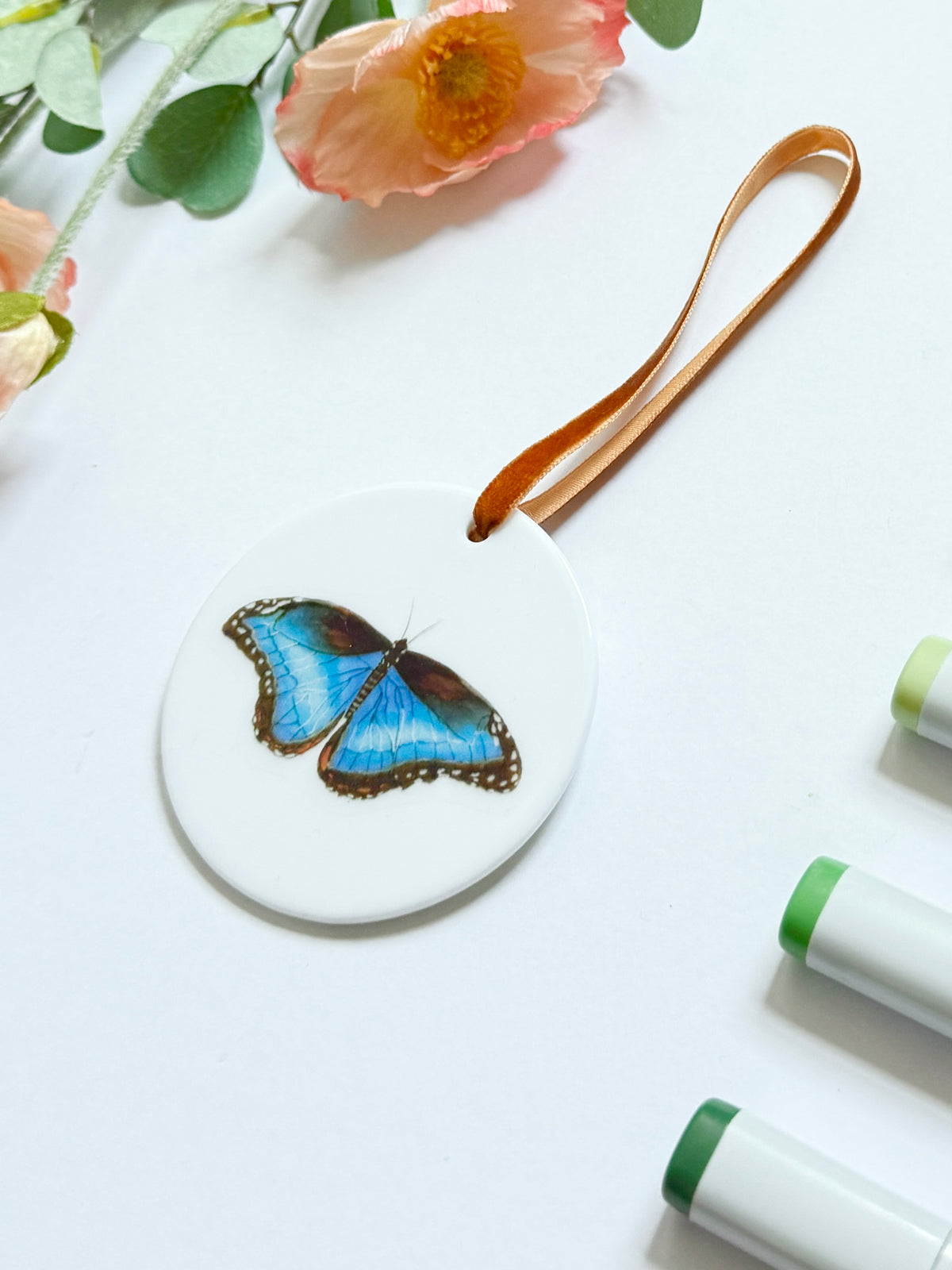 Blue Morpho Butterfly | White Ceramic Ornament with Brown Velvet Tassel