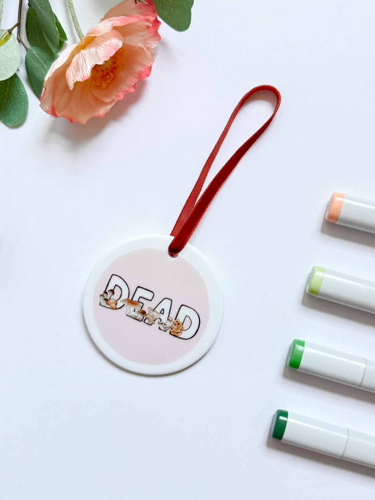 Dead with Mushrooms | White Ceramic Ornament with Burnt Orange Velvet Tassel