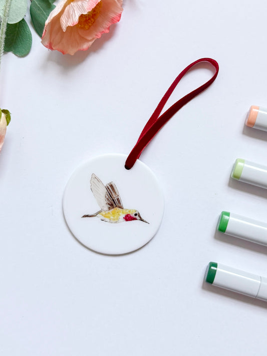 Hummingbird | White Ceramic Ornament with Red Velvet Tassel