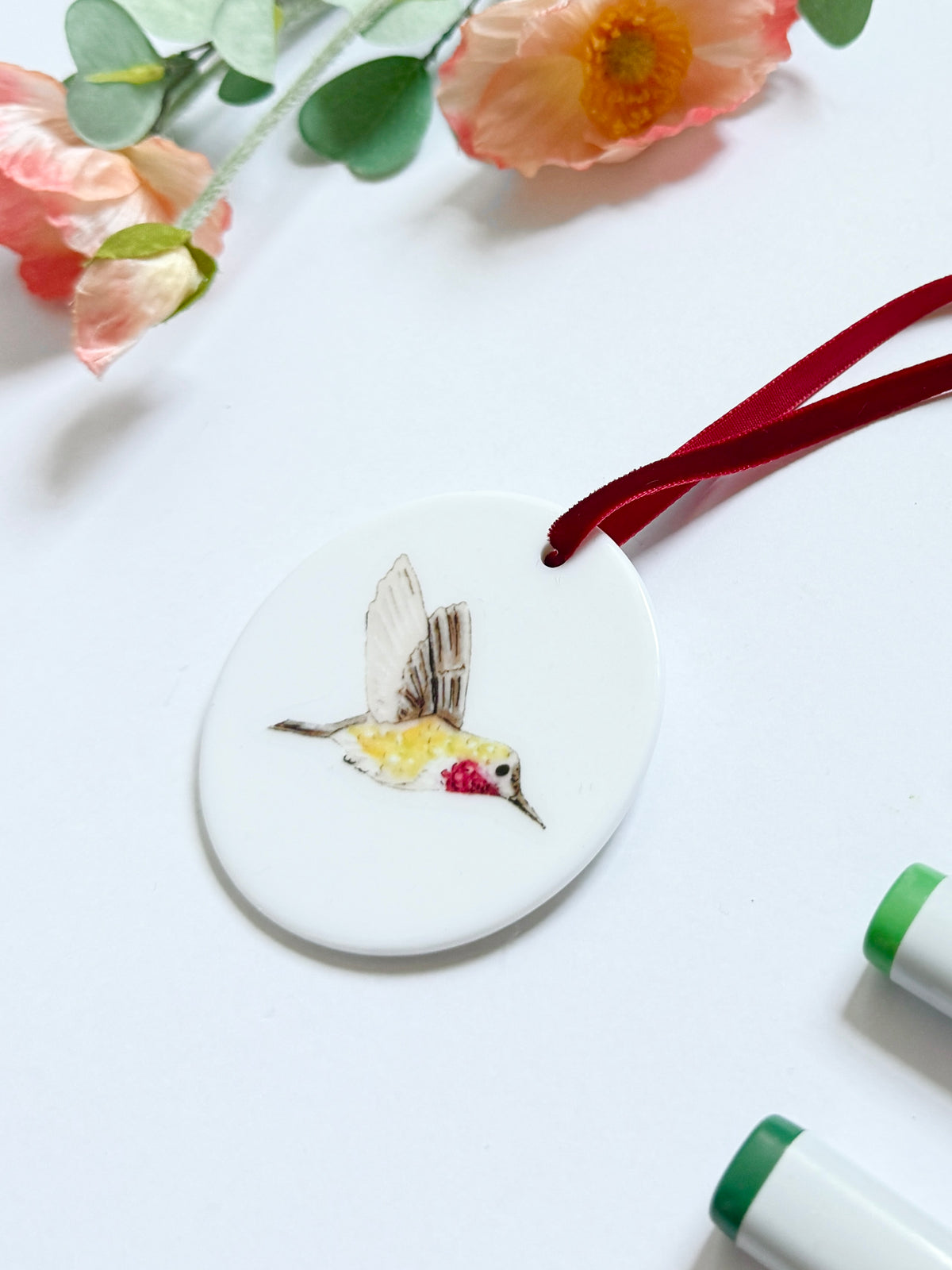 Hummingbird | White Ceramic Ornament with Red Velvet Tassel