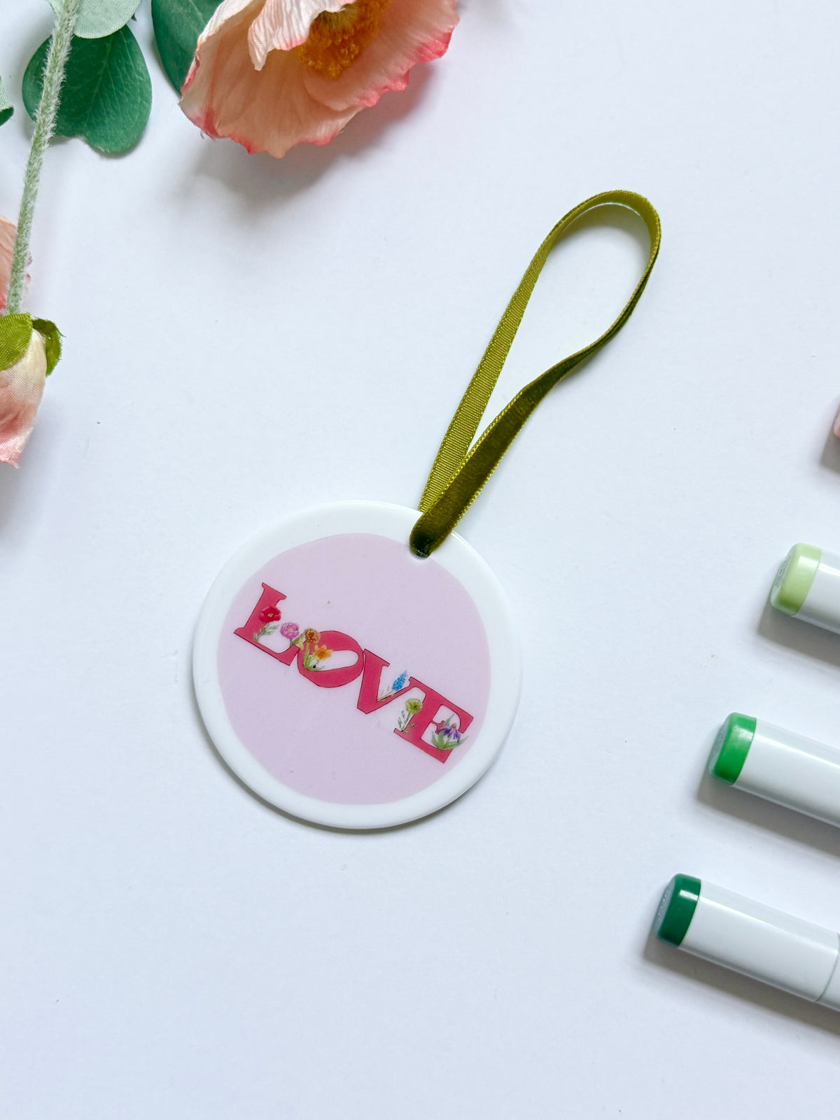 Love with Flowers | White Ceramic Ornament with Green Velvet Tassel