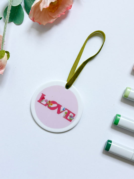Love with Flowers | White Ceramic Ornament with Green Velvet Tassel