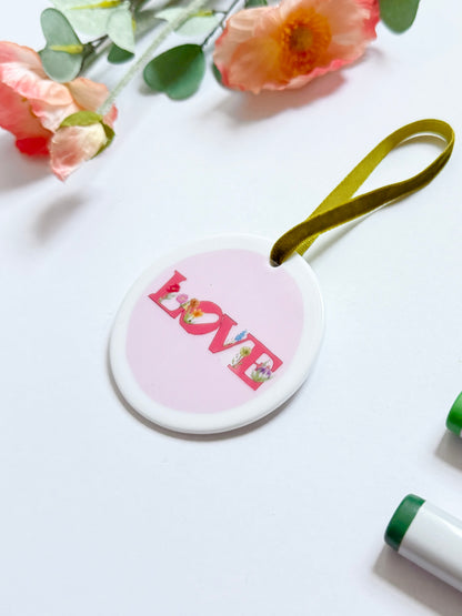 Love with Flowers | White Ceramic Ornament with Green Velvet Tassel