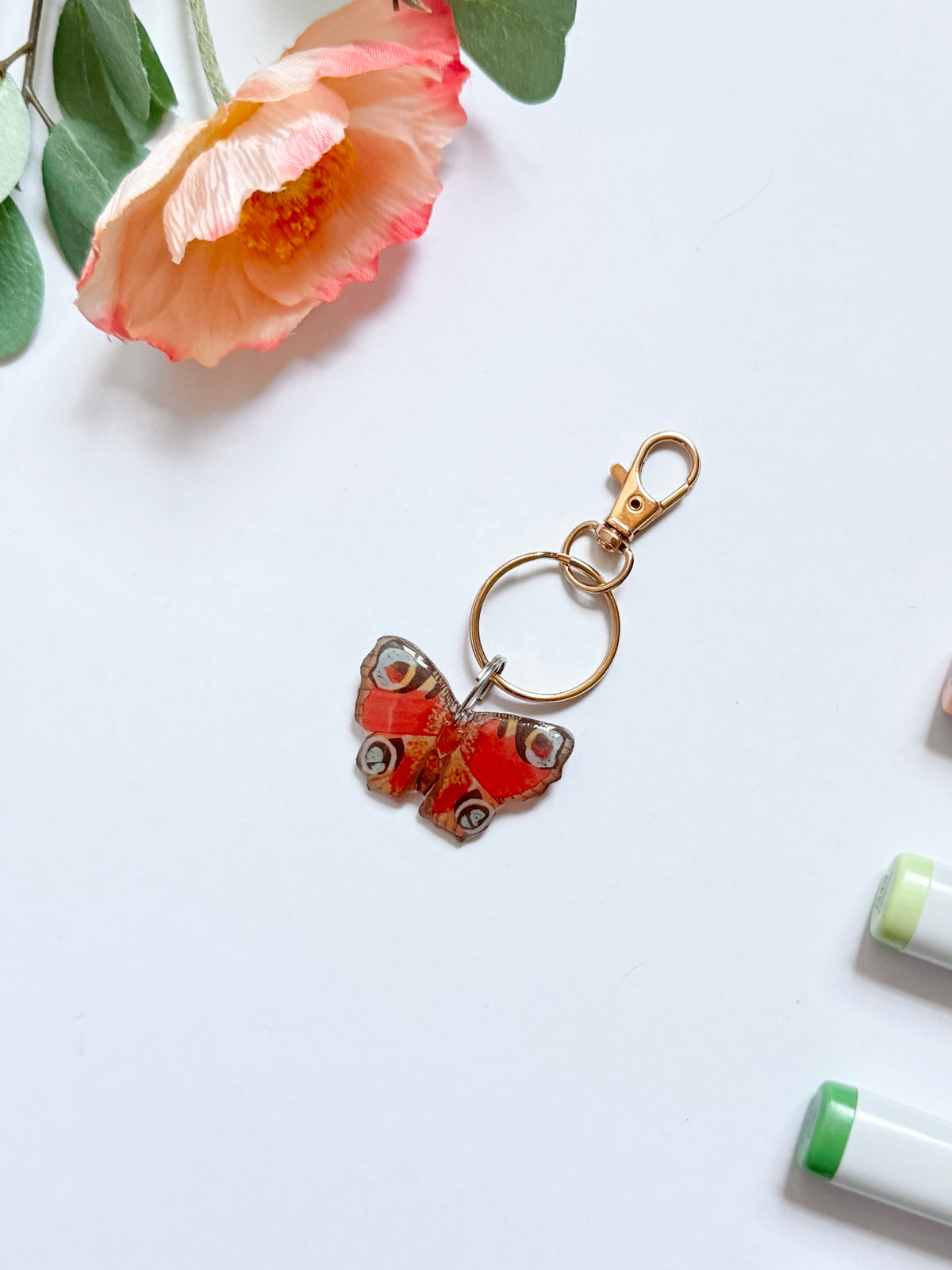 Hand-Illustrated Red Peacock Butterfly | Handmade Acrylic + Resin Keychain/Bag Charm