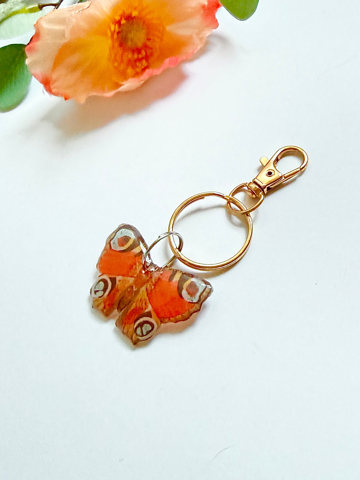 Hand-Illustrated Red Peacock Butterfly | Handmade Acrylic + Resin Keychain/Bag Charm