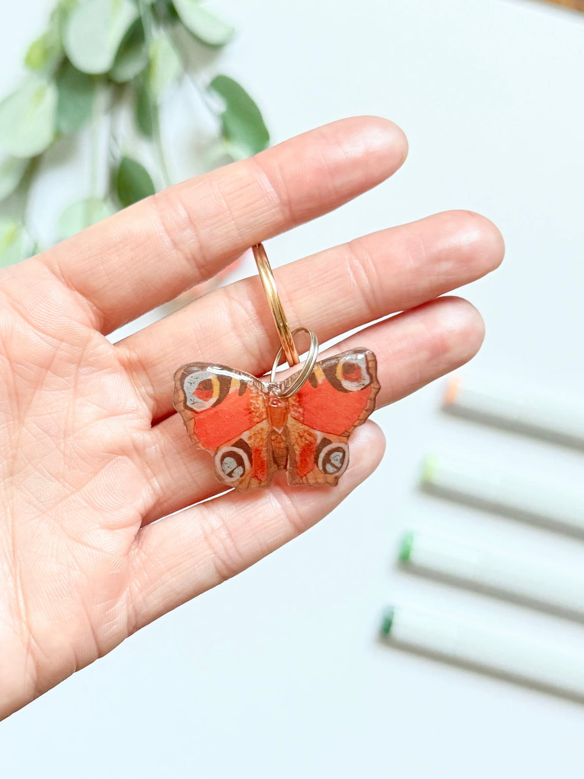 Hand-Illustrated Red Peacock Butterfly | Handmade Acrylic + Resin Keychain/Bag Charm