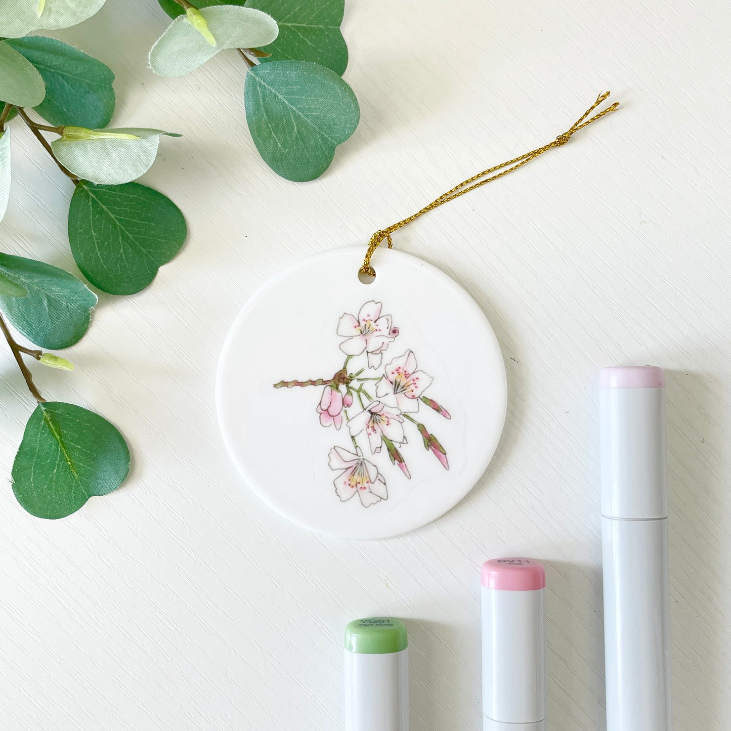 Yoshino Cherry Blossom | White Ceramic Ornament with Gold Tassel