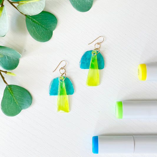 Upcycled Plastic Earrings | “The Jona” Translucent Layered Teal Half Circles + Chartreuse Triangles