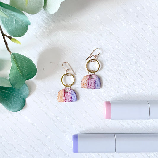 Upcycled Plastic Earrings | Ombre Gold Pink and Periwinkle Arches with Gold Circles