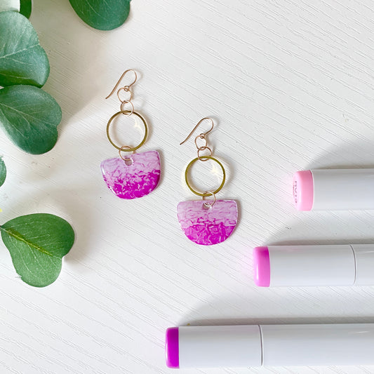 Upcycled Plastic Earrings | Ombre Pink Upside Down Arches with Gold Circles