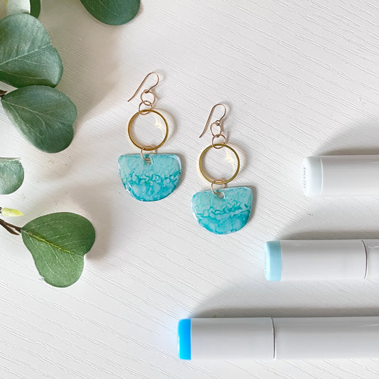 Upcycled Plastic Earrings | Ombre Blue Upside Down Arches with Gold Circles