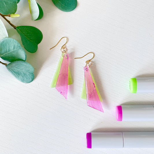 Upcycled Plastic Earrings | Translucent Pink and Green Fairy Wing Earrings