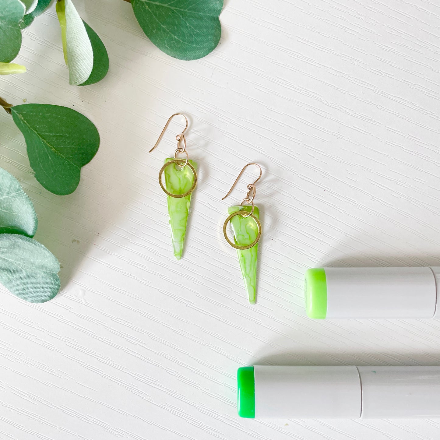 Upcycled Plastic Earrings | Marbled Light Green Triangles with Gold Circles