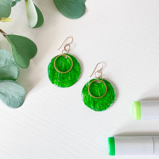 Upcycled Plastic Earrings | Marbled Green and Gold Circles