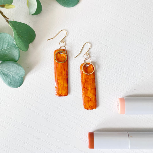 Upcycled Plastic Earrings | Marbled Burnt Orange Rectangles with Gold Circles