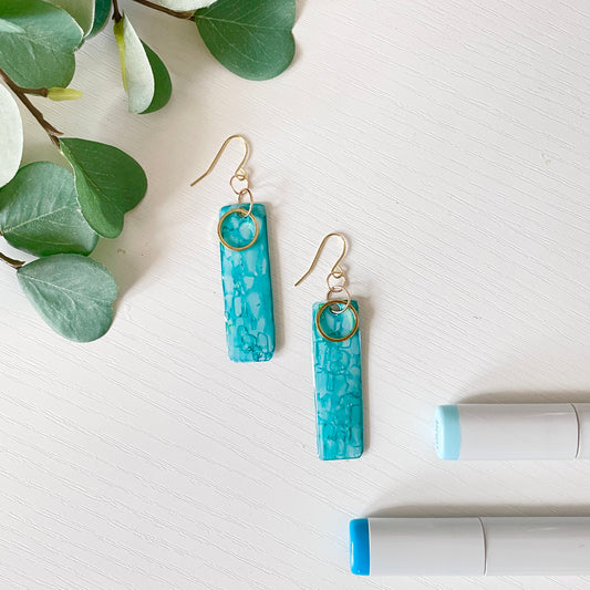 Upcycled Plastic Earrings | Marbled Teal Blue Rectangles with Gold Circles