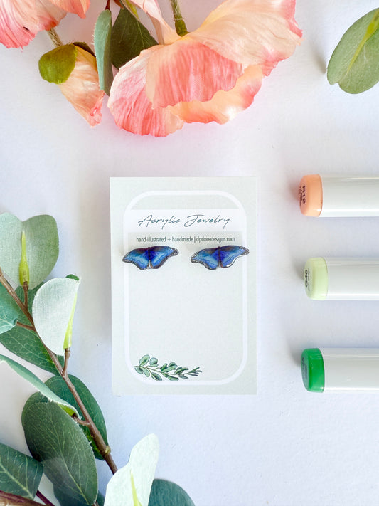 Hand-Illustrated Blue Morpho Butterfly | Handmade Acrylic Studs