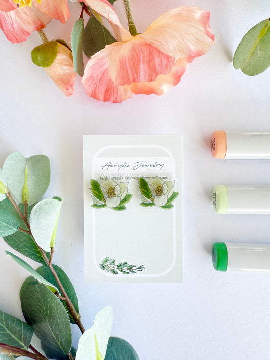 Hand-Illustrated Blue Southern Magnolia Blossom | Handmade Acrylic Studs