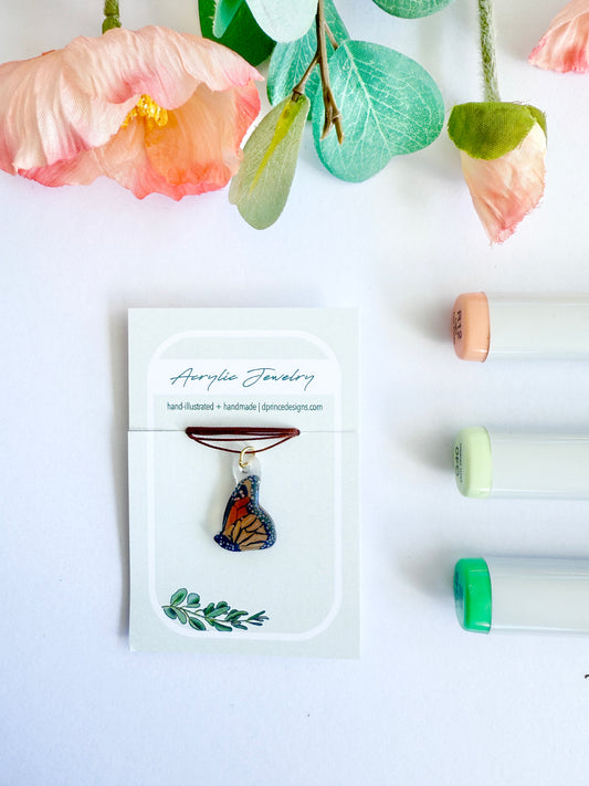 Hand-Illustrated Monarch Butterfly | Handmade Acrylic Necklace
