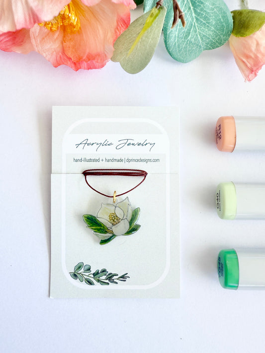 Hand-Illustrated Southern Magnolia Flower | Handmade Acrylic Necklace