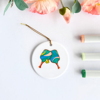 Pickleball | White Ceramic Ornament with Gold Tassel