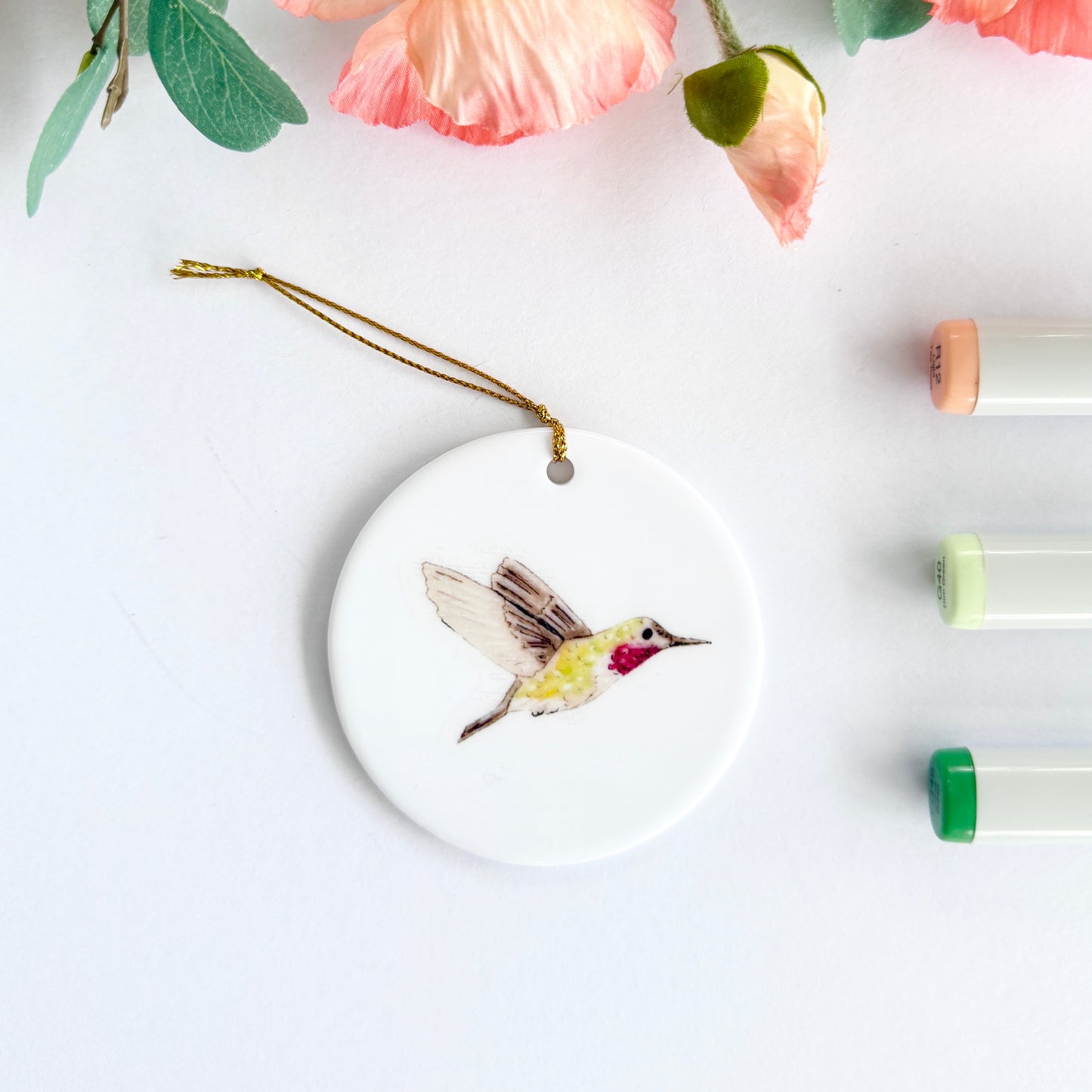 Hummingbird | White Ceramic Ornament with Gold Tassel