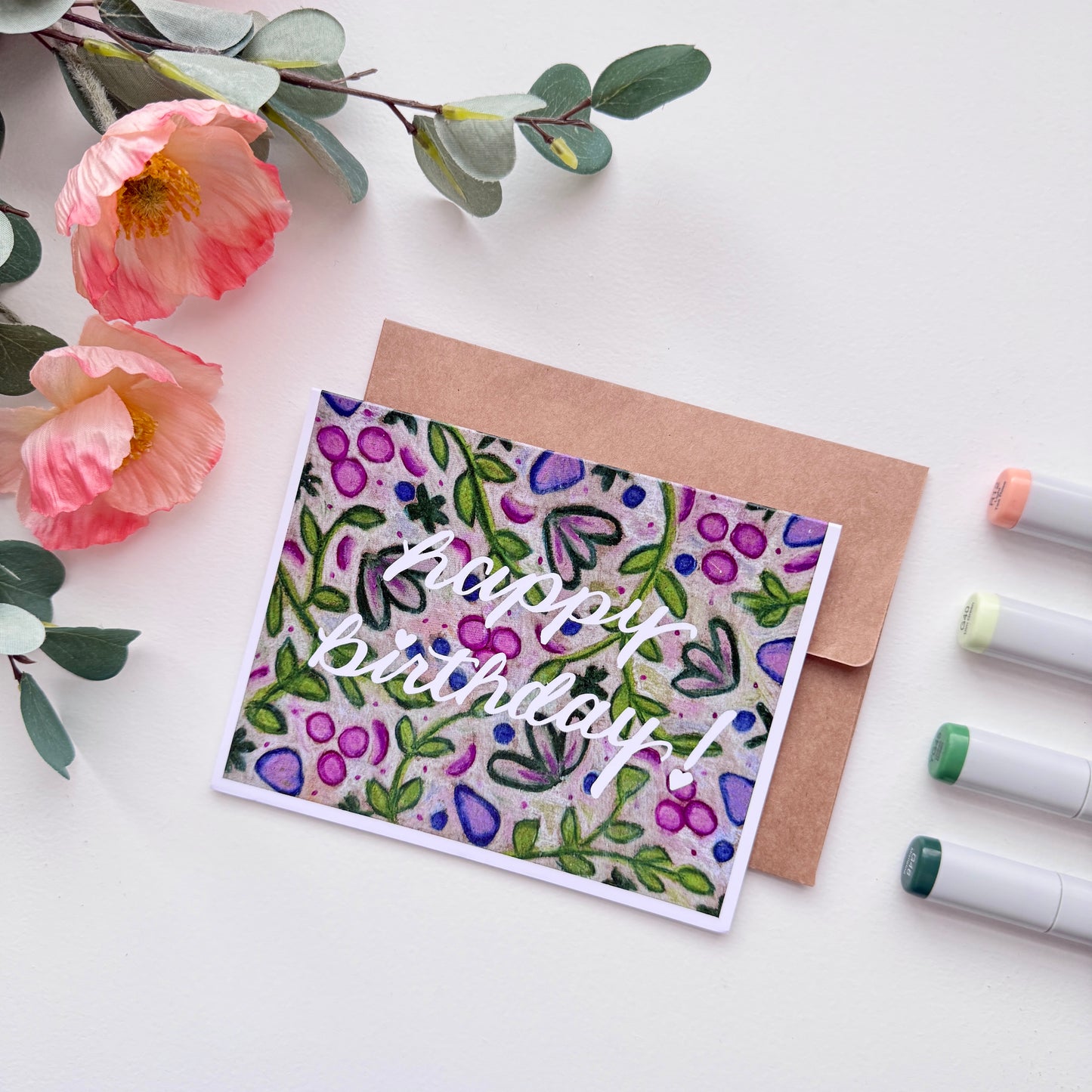 Happy Birthday Leaves + Berries | Hand Illustrated Greeting Card