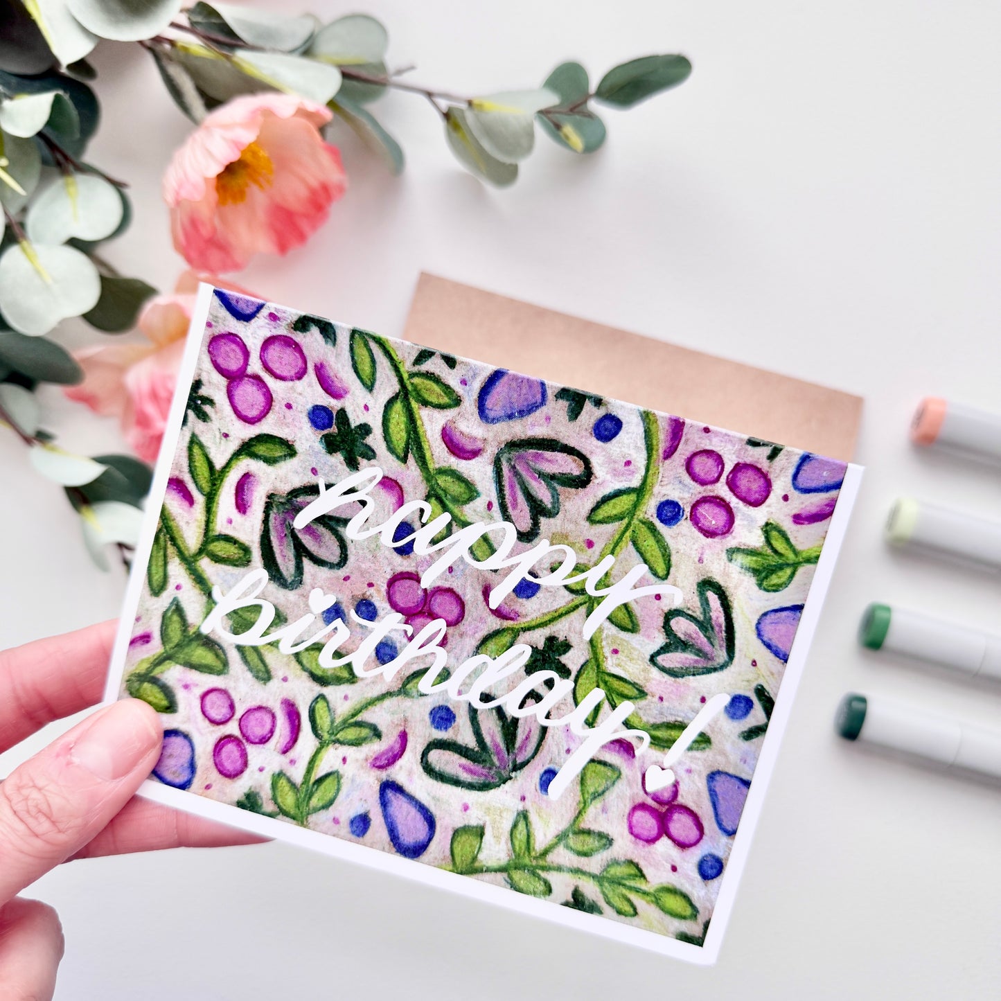 Happy Birthday Leaves + Berries | Hand Illustrated Greeting Card