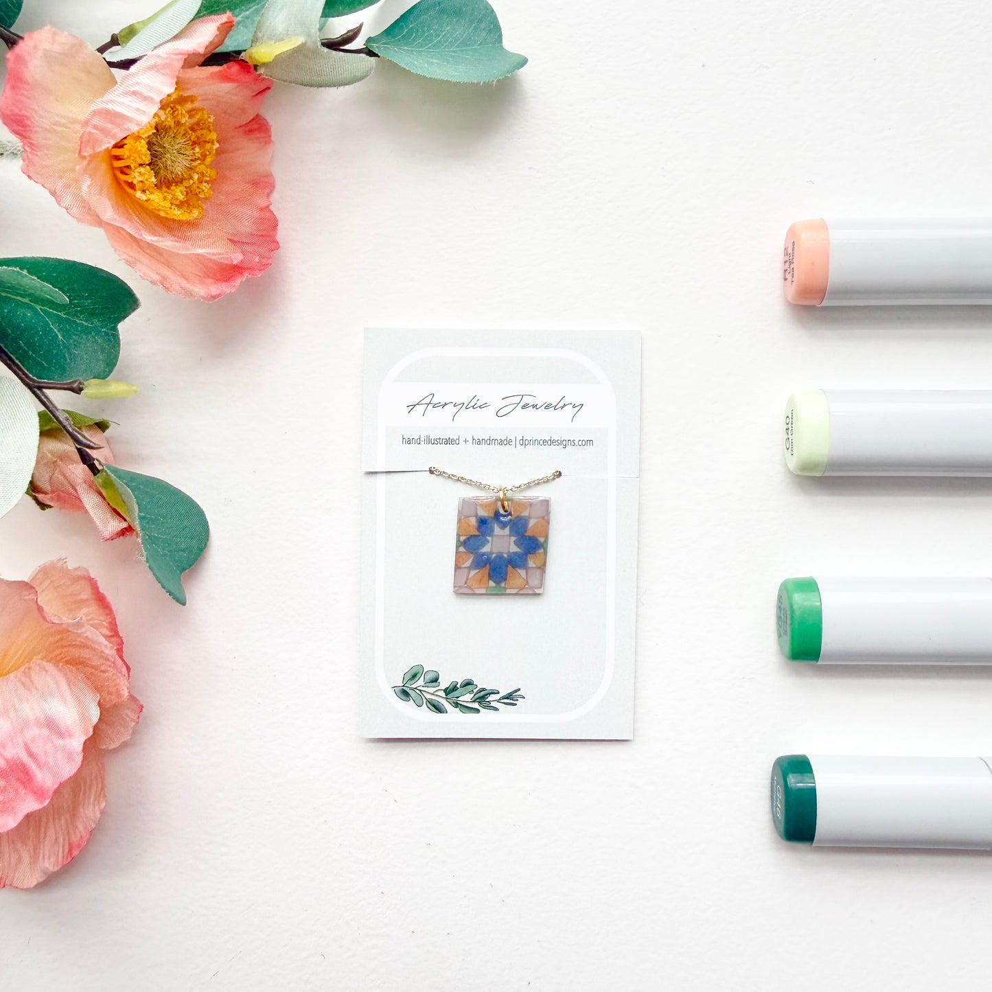 Hand-Illustrated Portuguese Tile - Burst Design | Handmade Acrylic Necklace