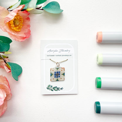 Hand-Illustrated Portuguese Tile - Fleur Design | Handmade Acrylic Necklace