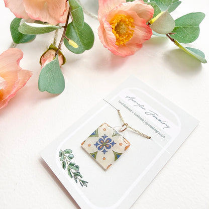 Hand-Illustrated Portuguese Tile - Fleur Design | Handmade Acrylic Necklace