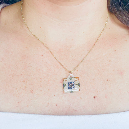 Hand-Illustrated Portuguese Tile - Fleur Design | Handmade Acrylic Necklace