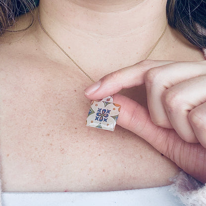Hand-Illustrated Portuguese Tile - Fleur Design | Handmade Acrylic Necklace