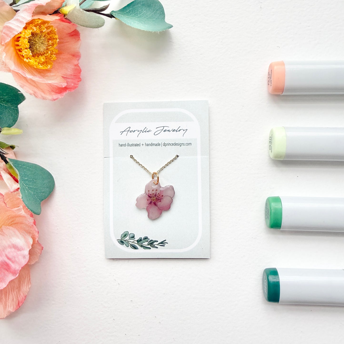 Hand-Illustrated Cherry Blossom | Handmade Acrylic Necklace