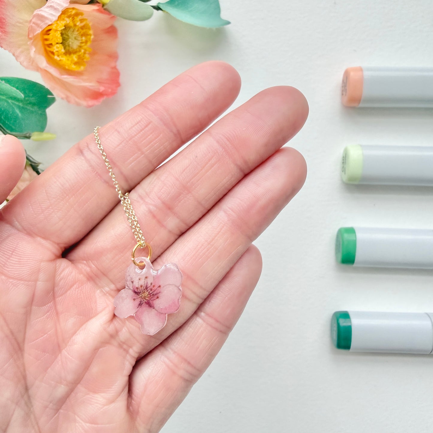 Hand-Illustrated Cherry Blossom | Handmade Acrylic Necklace