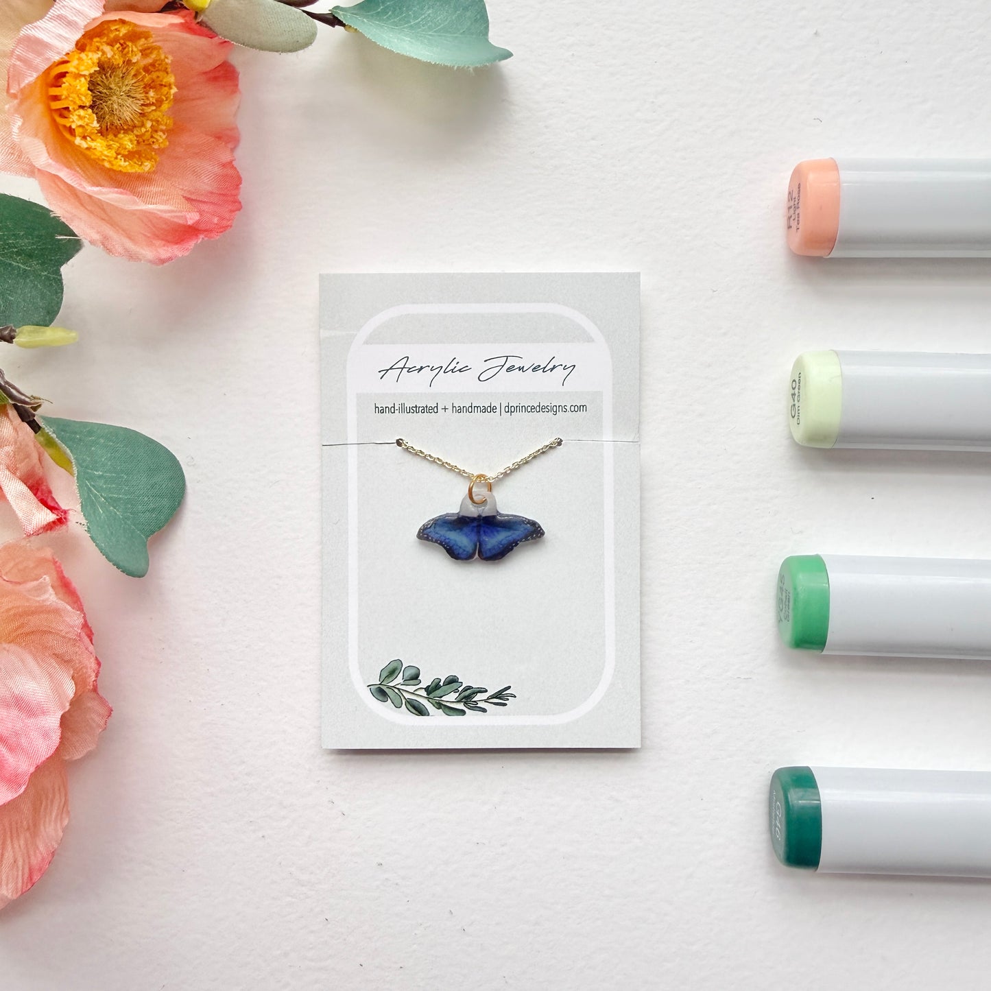 Hand-Illustrated Blue Morpho Butterfly | Handmade Acrylic Necklace