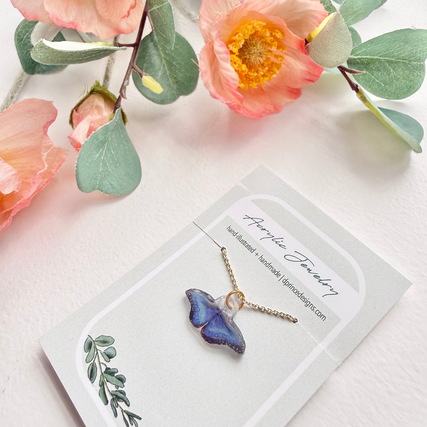 Hand-Illustrated Blue Morpho Butterfly | Handmade Acrylic Necklace