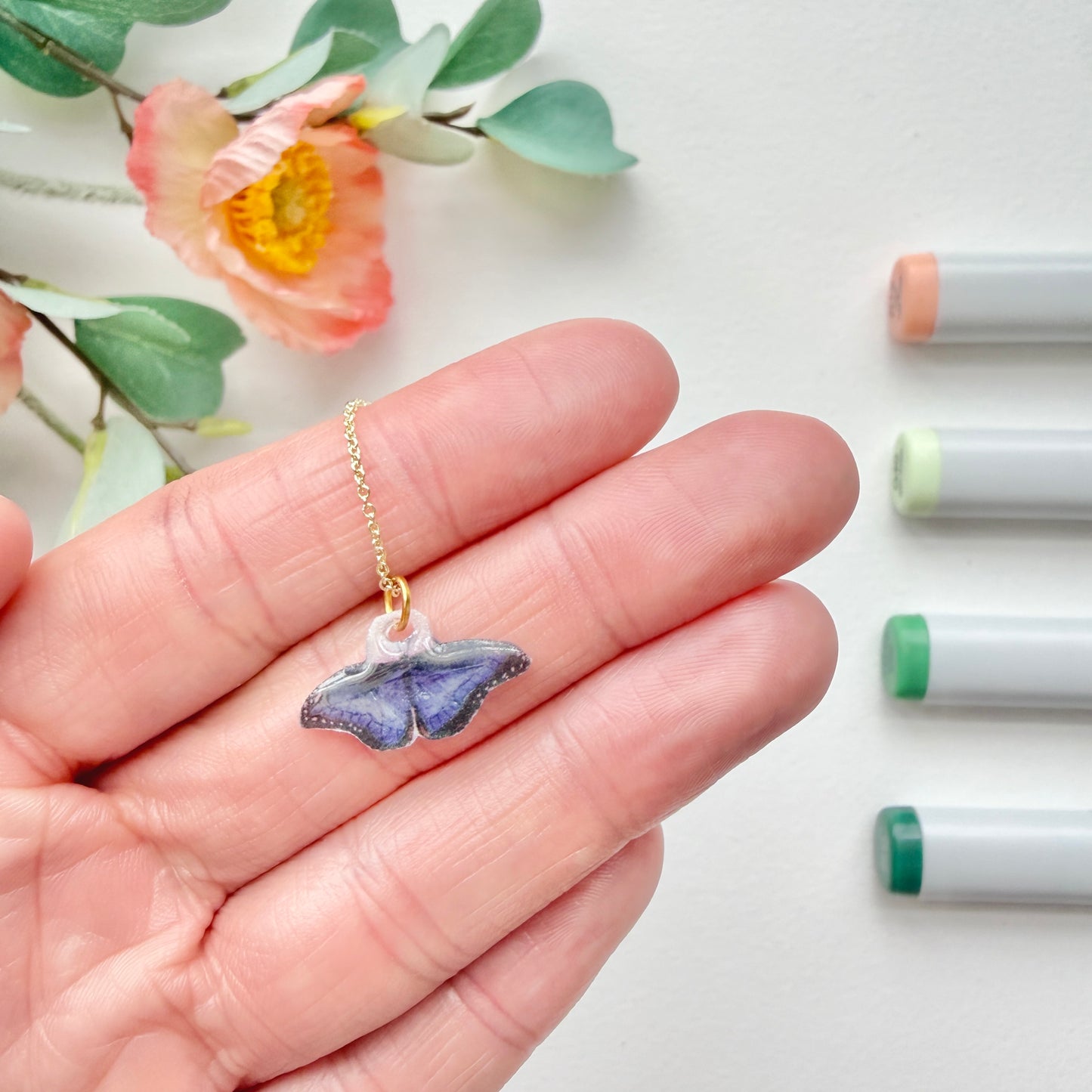 Hand-Illustrated Blue Morpho Butterfly | Handmade Acrylic Necklace