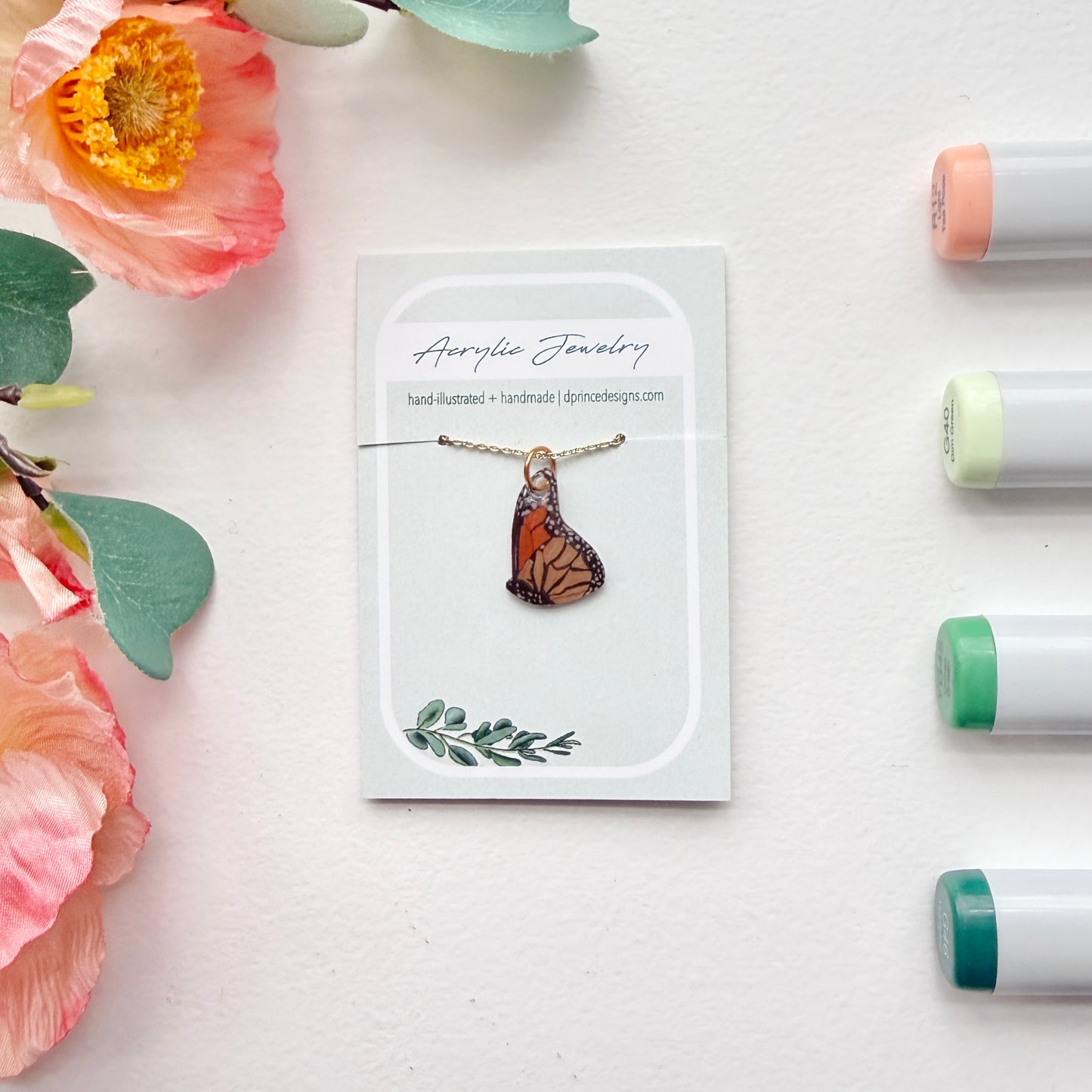 Hand-Illustrated Monarch Butterfly | Handmade Acrylic Necklace